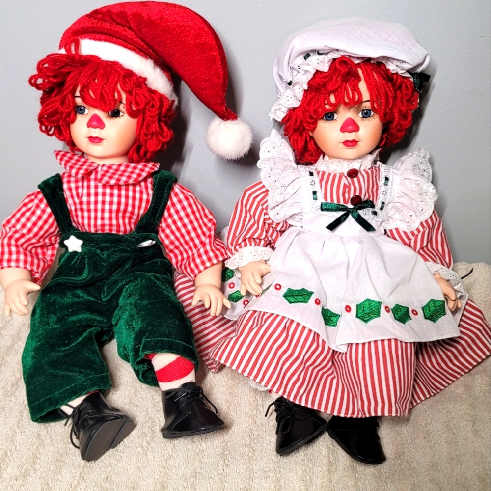 HTF Raggedy Ann & Andy Porcelain Dolls Christmas